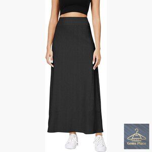 Elastic Waist A-Line Maxi Skirt Below Knee Stretchy Knit Casual